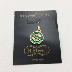 Vintage Pisces Zodiac Sign Pendant Charm Goldtone Metal Green Signed